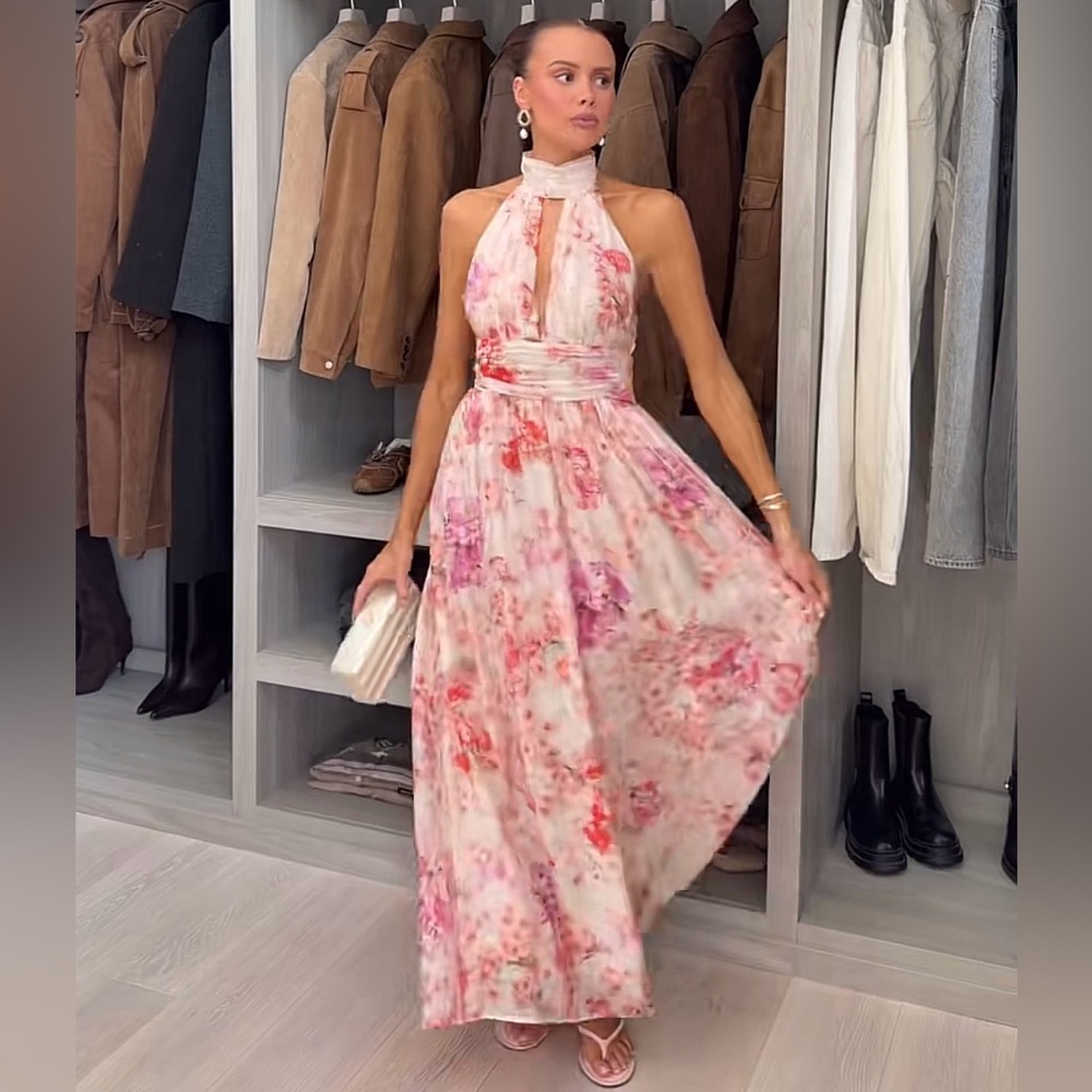 H&M LIGHT PINK FLORAL TIE-DETAIL HALTERNECK DRESS